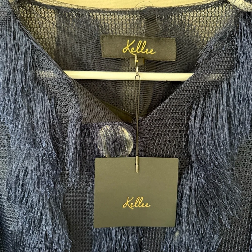 Kellee Womens‎ Small Navy Blue Fringe Flare 3/4 Sleeve Button Up Cardigan